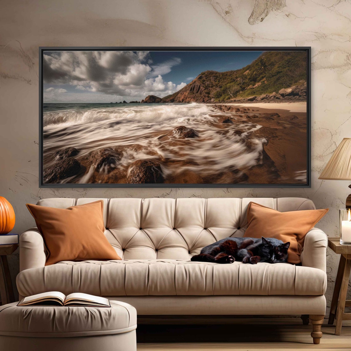 Ocean Waves Crashing Over Rocky Shoreline Long Exposure Beach Poster - Image 2