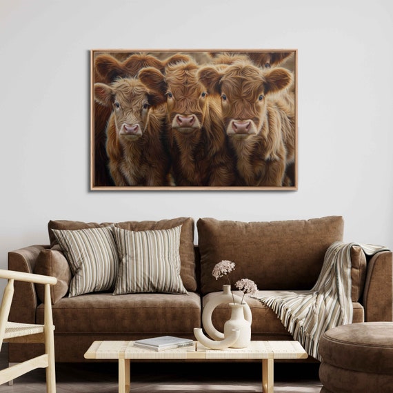 Adorable Baby Highland Cows Trio Wall Art Print Cute Animal Painting Scottish Wall Art Gift For Her Ready To Hang