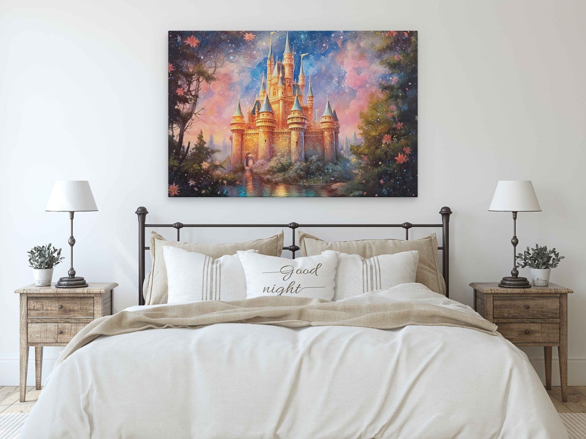Fairy Tale Castle Moat Flowers Starry Pink Sunset Watercolor Poster - Image 3