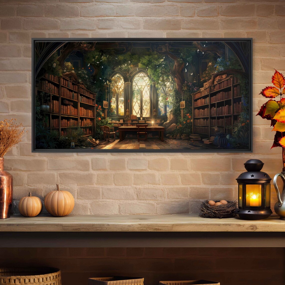 Magical Treehouse Library Interior Arched Windows Bookshelves Fantasy Print - Image 2