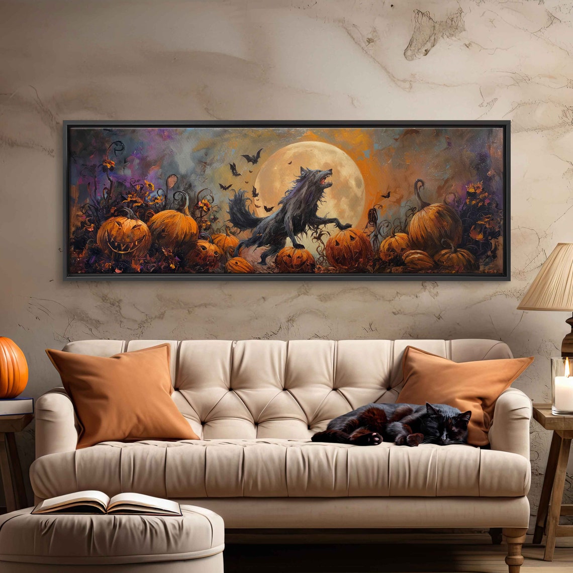 Werewolf Pumpkin Patch Full Moon Bats Spooky Halloween Night Poster - Image 3