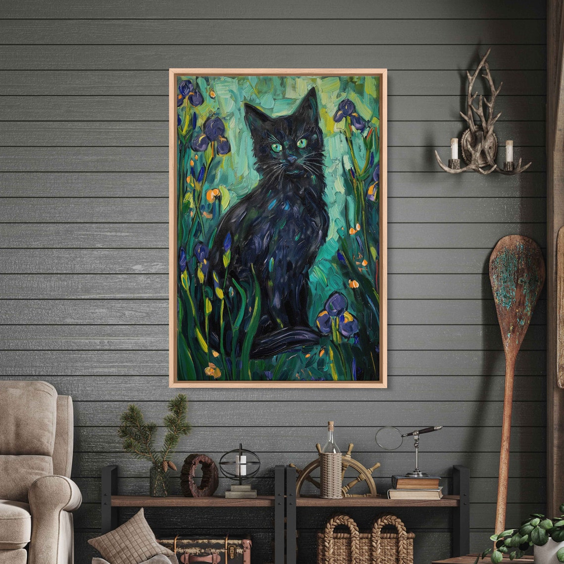 Black Cat Green Eyed Iris Garden Flowers Whimsical Portrait Art Poster - Image 3