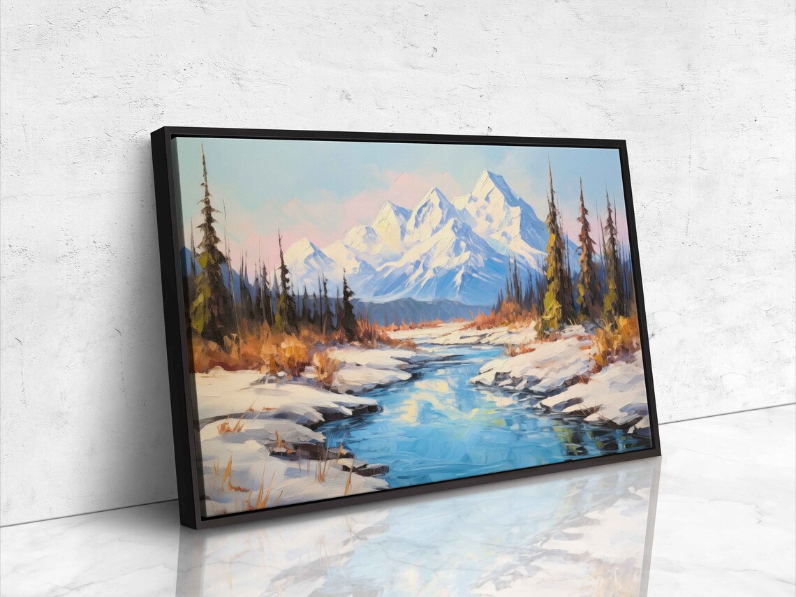 Snowcapped Mountain Range Frozen River Winter Landscape Painting Poster - Image 4