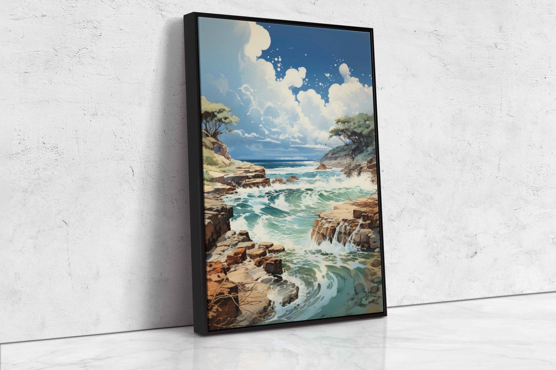 Sunny Dramatic Rocky Coastline Turquoise Waves Watercolor Poster - Image 4