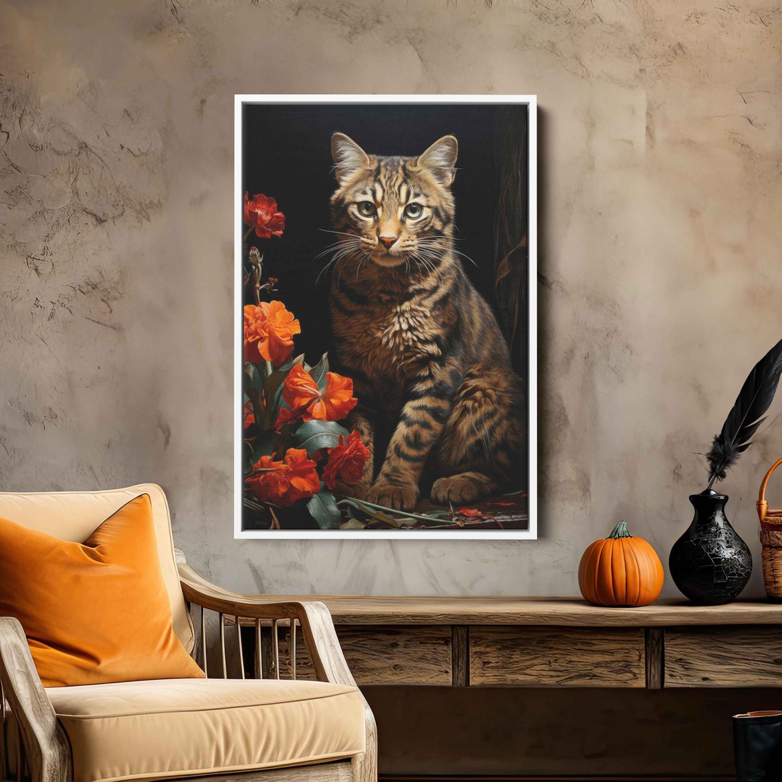 Tabby Cat With Red Flowers Dramatic Floral Feline Portrait Oil Print - Image 2