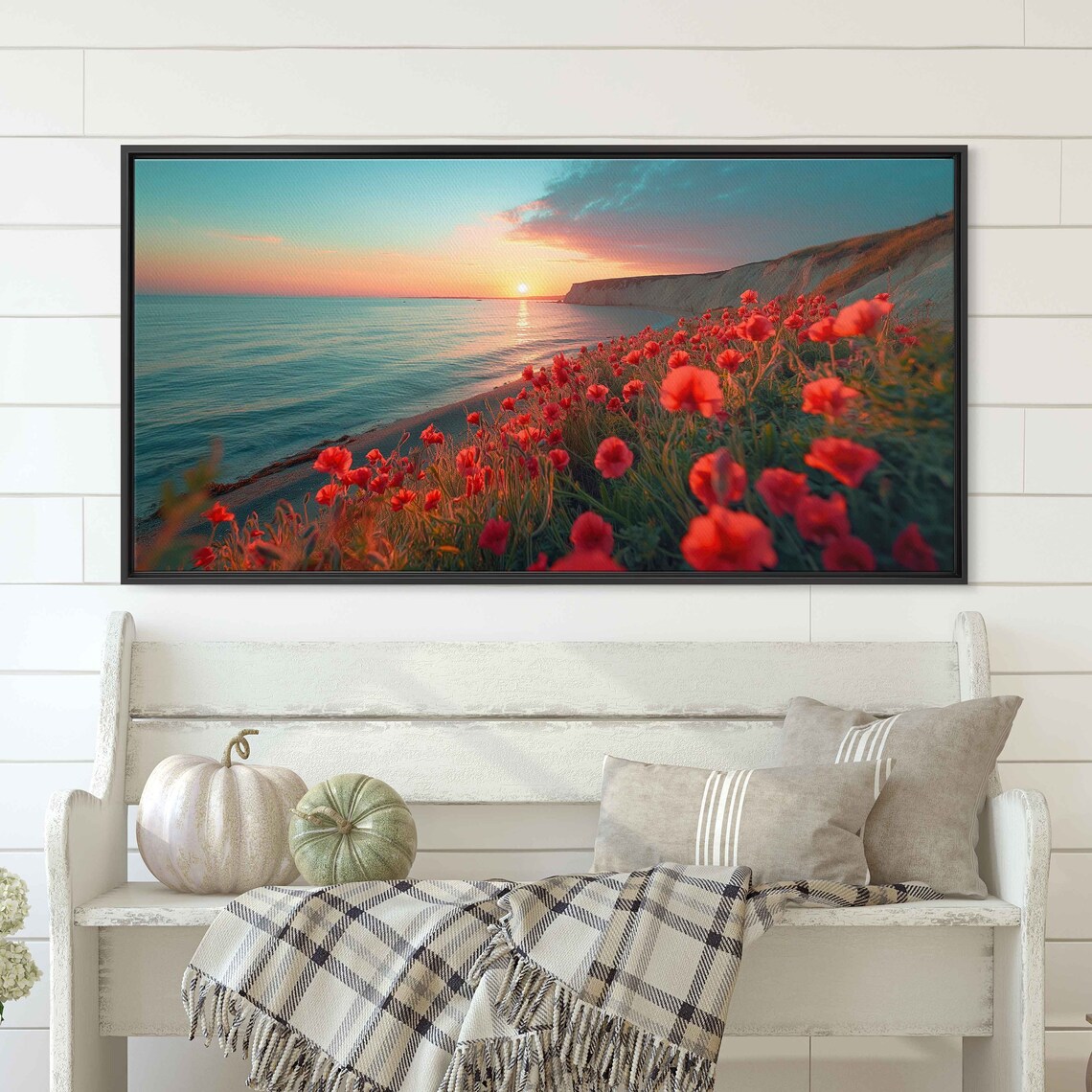 Red Poppy Field Sunset Ocean Cliff Golden Hour Coastal Landscape Poster