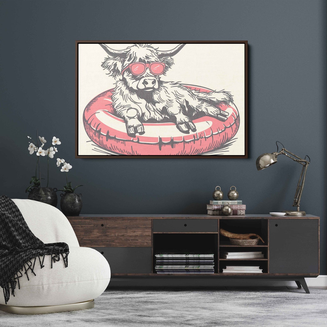 Highland Cow With Sunglasses In Pink Pool Float Funny Sketch Poster - Image 4