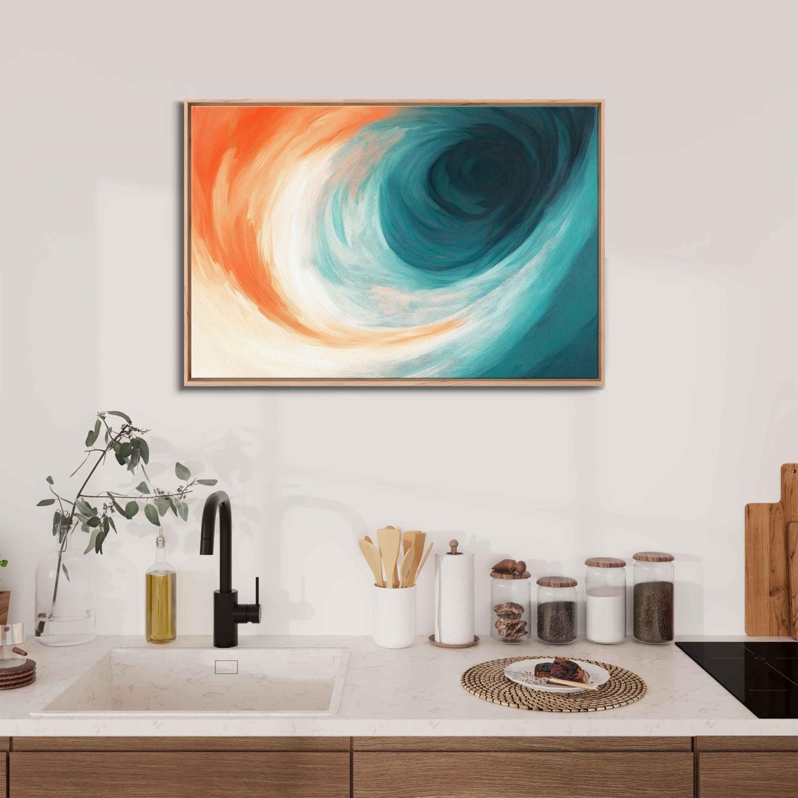 Abstract Teal and Orange Ocean Swirl Painting Modern Wall Art Poster