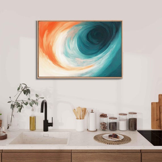 Abstract Landscape Painting Wall Art Print Swirling Teal And Orange Colors Sunset Glow