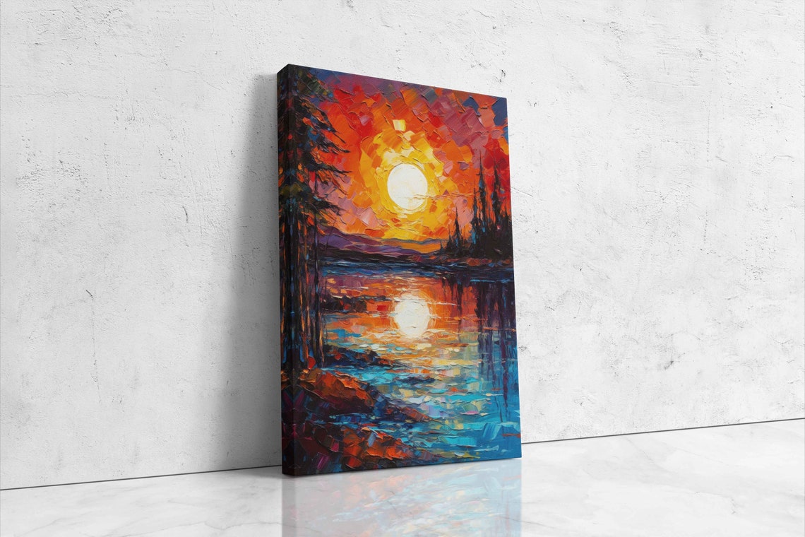 Sunset River Reflection Palette Knife Colorful Landscape Art Poster - Image 4