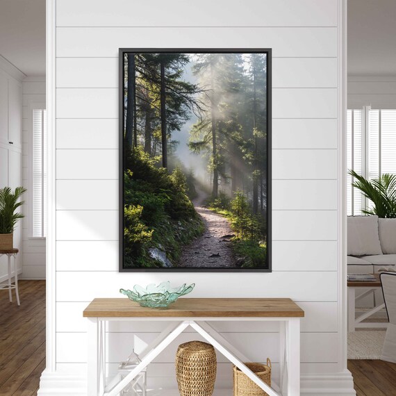 Mountain Path Through Sunlit Misty Forest Wall Art Print Ready To Hang