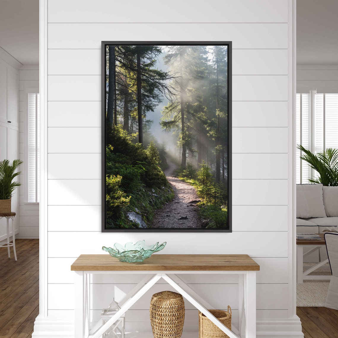 Sunlit Misty Forest Path Tall Pine Trees Morning Light Photo Poster