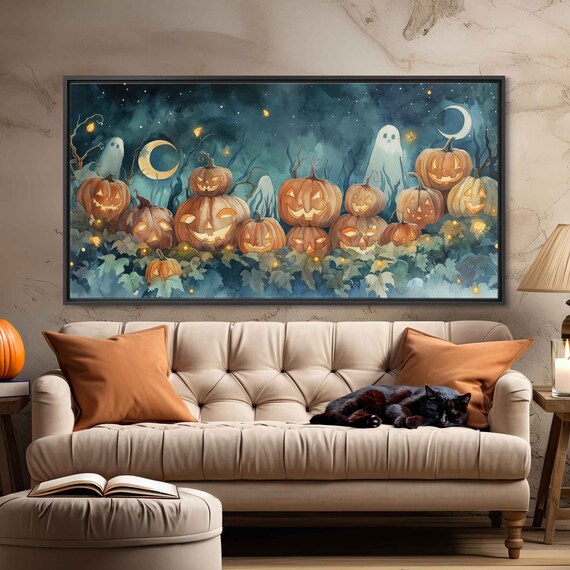 Enchanted Moonlit Pumpkin Patch Glowing Jack O Lanterns Ghosts Art Print