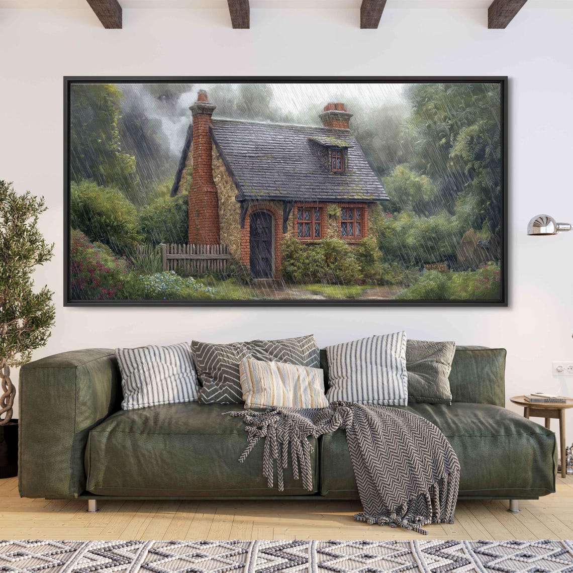Cozy Brick Cottage in the Rain Moody Rainy Day Garden Poster