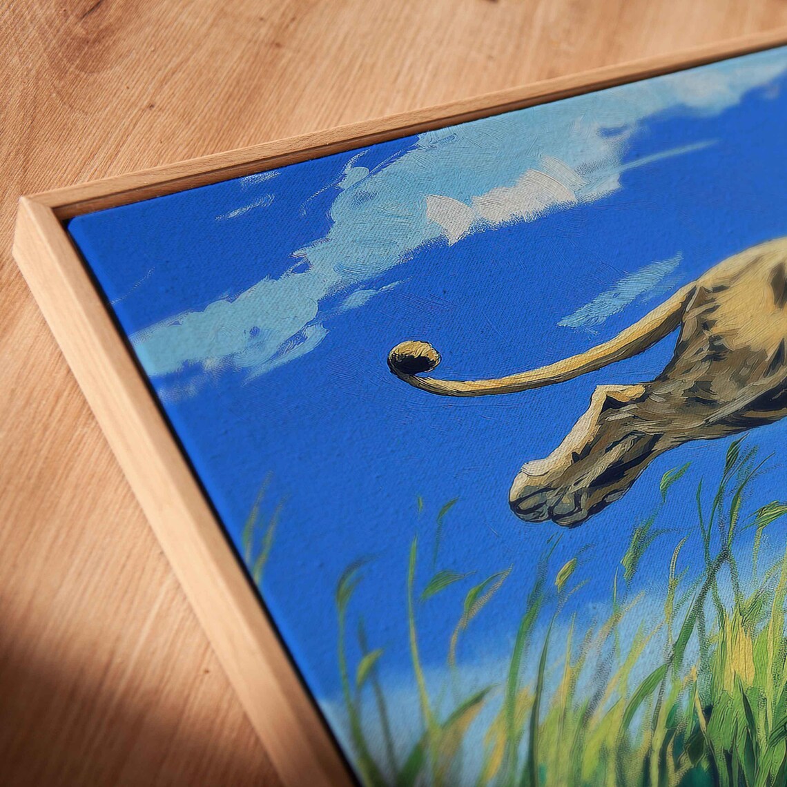 Lioness Leaping Through Grass Vivid Blue Sky Dynamic Wildlife Art Poster - Image 2