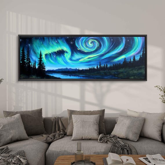 Stunning Northern Lights In Sky Acrylic Wall Art Print Van Gogh Inspired Starry Night Sky Mountain Range Ready To Hang