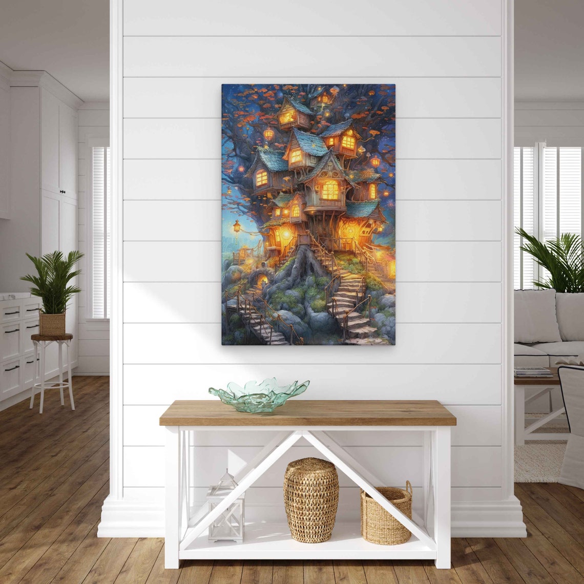 Whimsical Enchanted Treehouse Mansion Glowing Night Fantasy Art Poster - Image 3