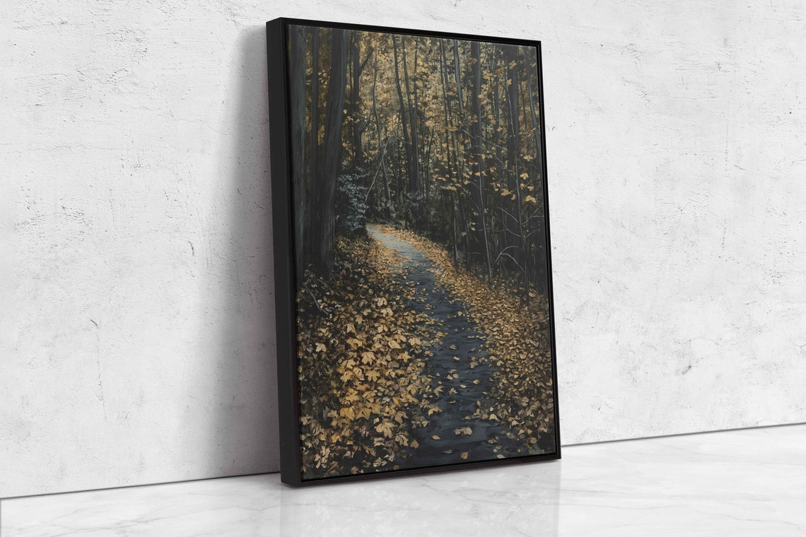 Dark Moody Forest Path Covered In Fallen Golden Leaves Art Poster - Image 4