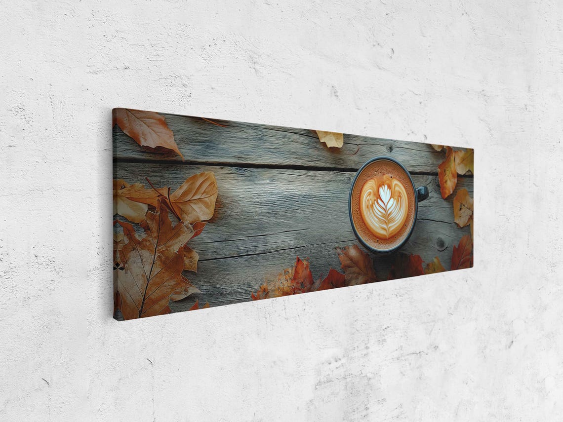 Latte Art Cup On Weathered Wood With Fall Leaves Photo Art Print - Image 4
