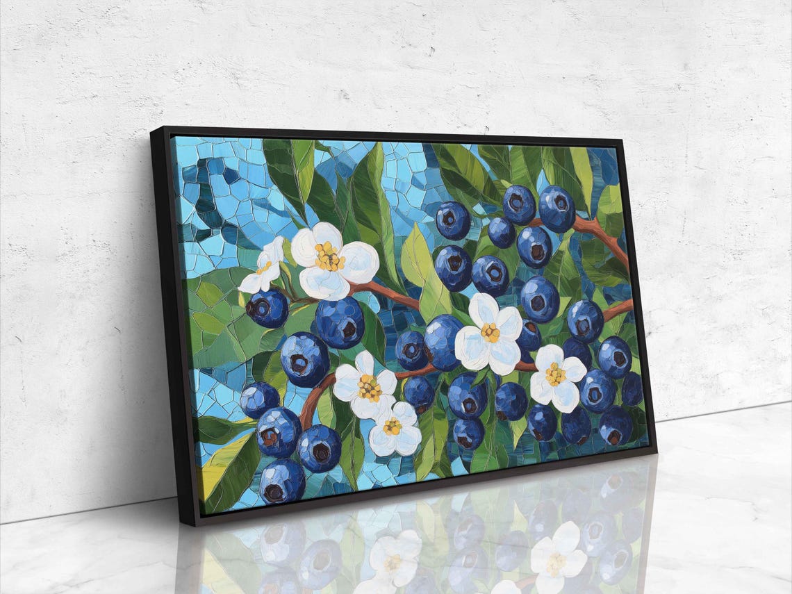 Blueberry Blossoms Mosaic Stained Glass Style Teal Kitchen Art Poster - Image 4