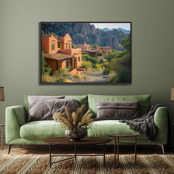 Sunlit Adobe Village Wall Art Print Southwestern Motifs Vibrant Terracotta Shades