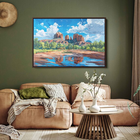 Cathedral Rock Sedona Broad Landscape Wall Art Print Western Painting Canyon Gorge River Bed Red Rocks Ready To Hang