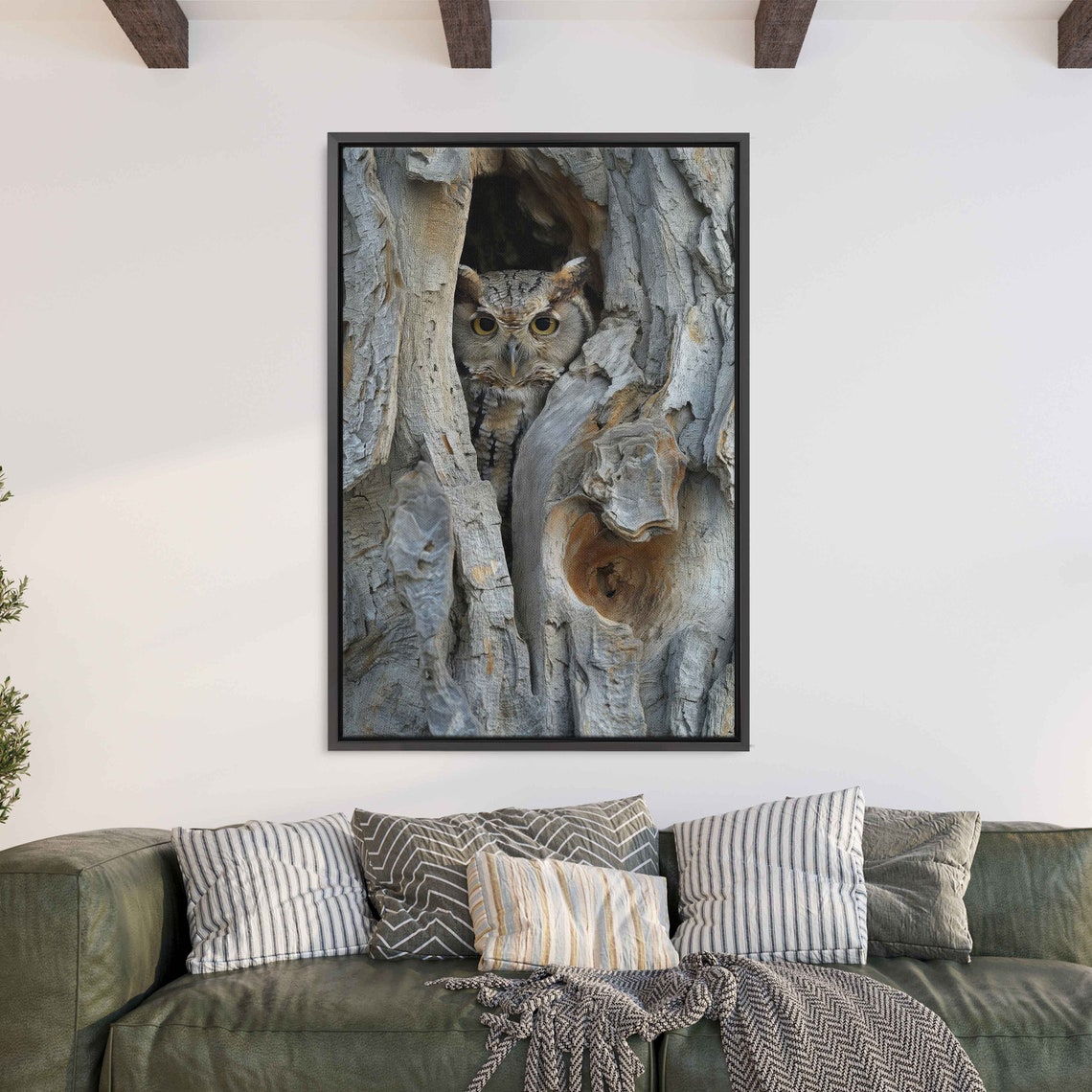 Great Horned Owl Peeking From Tree Hollow Wildlife Art Print