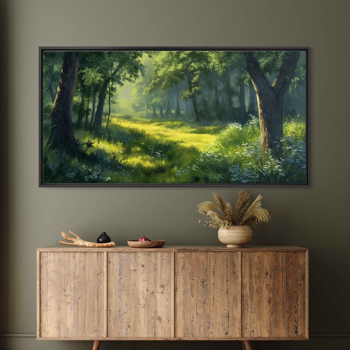 Tranquil Forest Painting, Green Nature Art Print