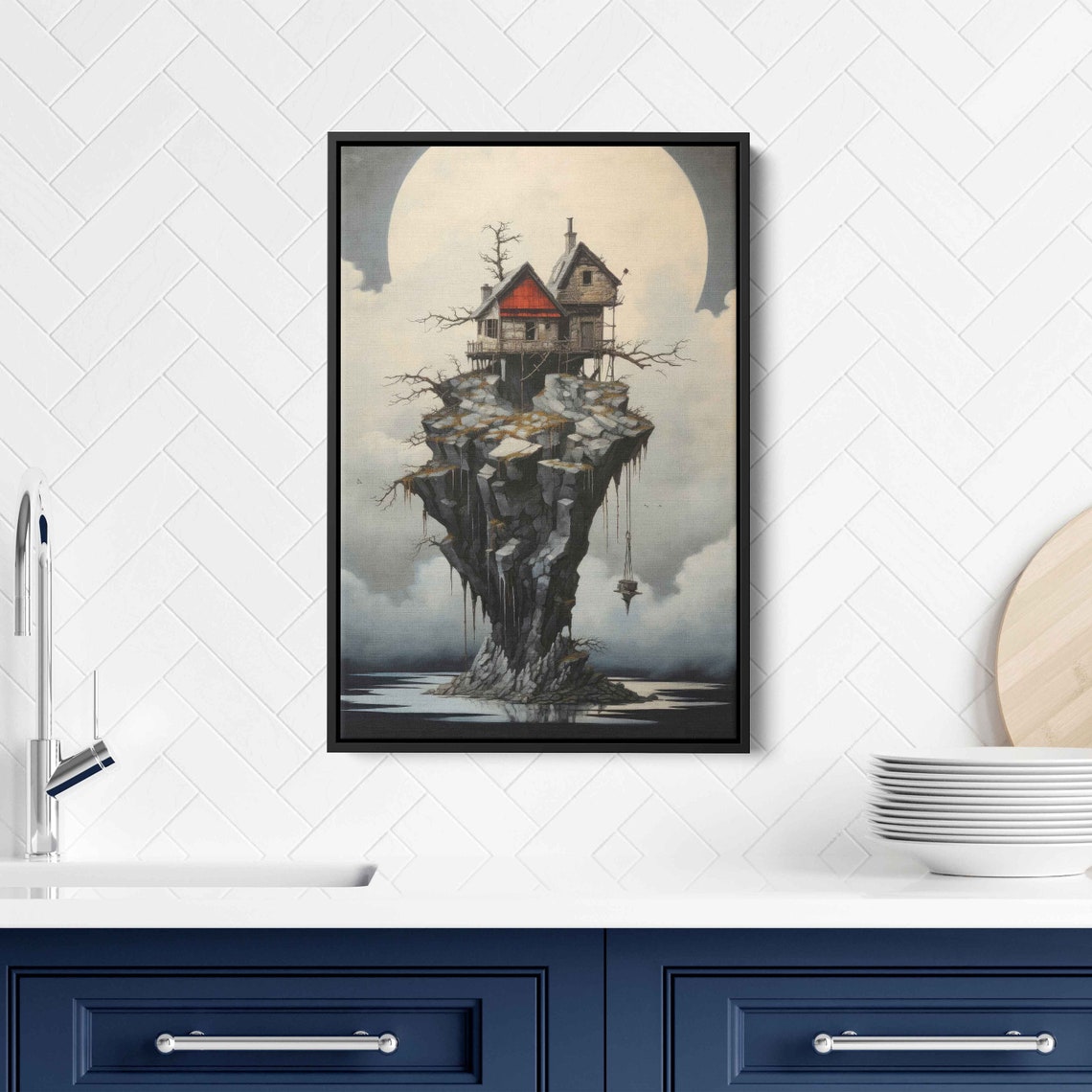 Surreal House On Rocky Island Full Moon Dreamy Fantasy Home Art