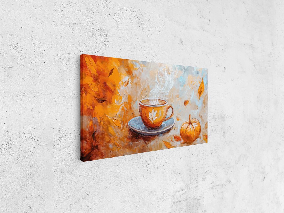 Steaming Pumpkin Latte With Leaf Art And Pumpkin Among Autumn Leaves Painting Poster - Image 4