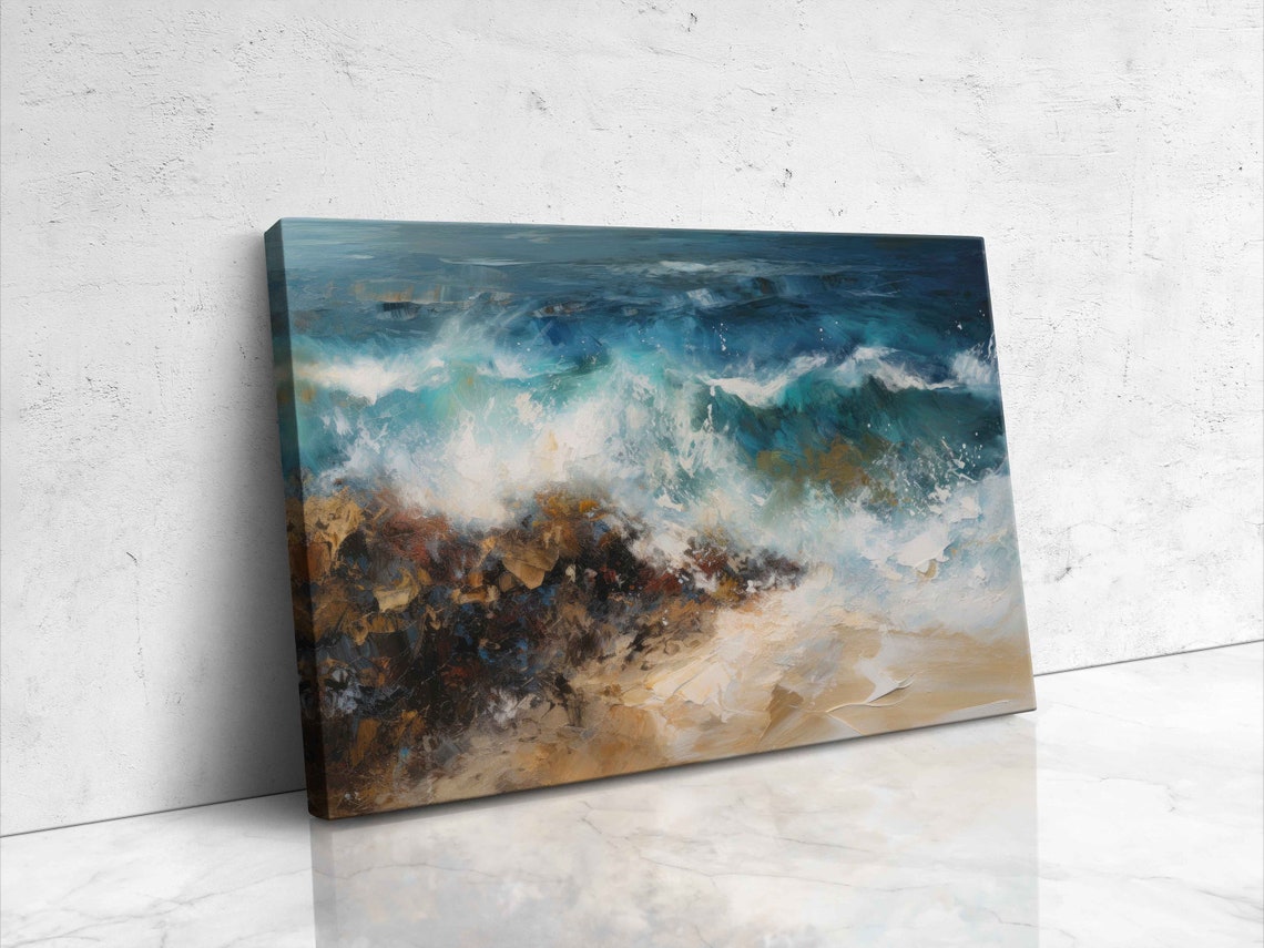 Abstract Ocean Waves Crashing On Golden Rocks Beach Painting Print - Image 4