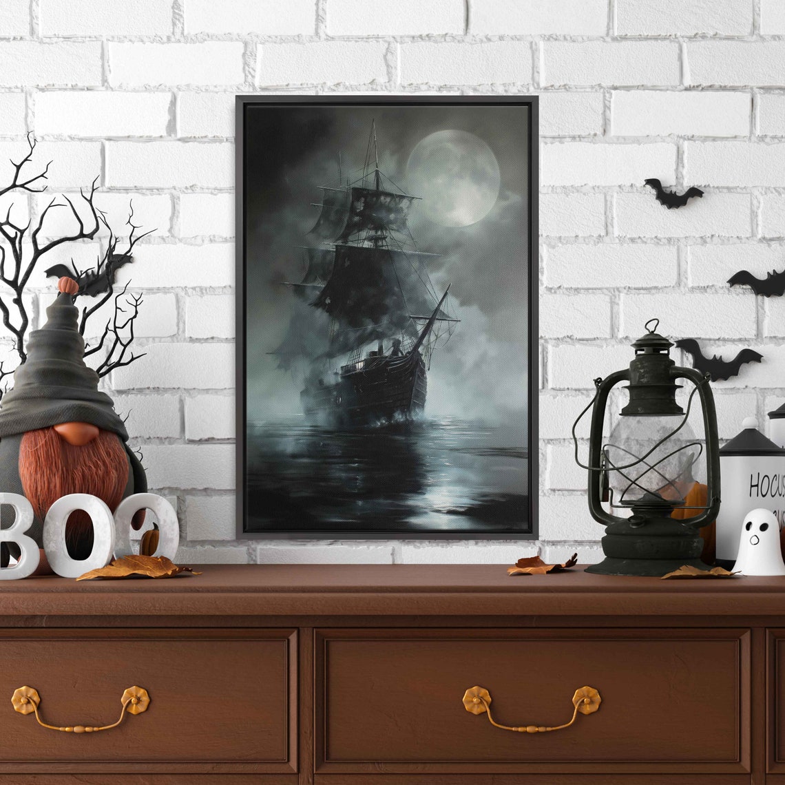 Ghostly Pirate Ship Under Full Moon Foggy Sea Gothic Wall Art - Image 3