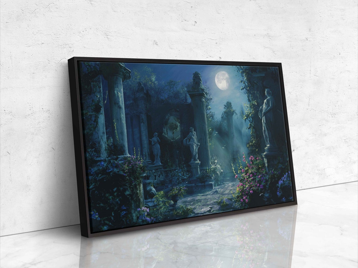 Moonlit Ancient Garden Ruins Statues Under Full Moon Night Poster - Image 4