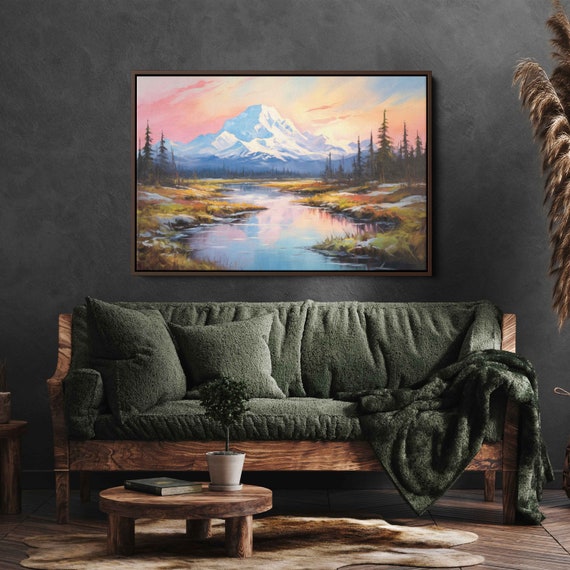 Talkeetna Alaska Uplifting Mountains Painting Wall Art Print Beautiful Snowy Mountain Range Frozen River Ready To Hang