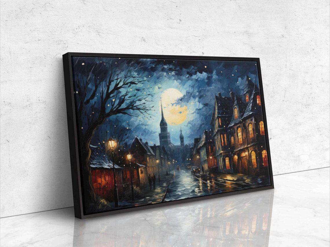 Moonlit Old Town Street Glowing Windows Night Lamp Impasto Art Poster - Image 4