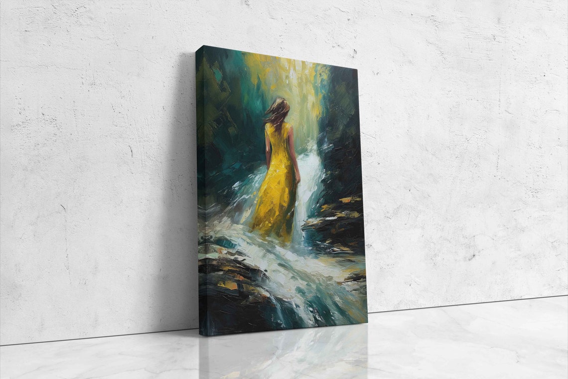 Woman In Yellow Dress Walking River Rocks Textured Oil Painting Poster - Image 4