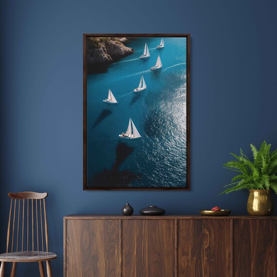 Aerial View Sailboat Regatta Turquoise Water Rocky Cliffs Travel Poster
