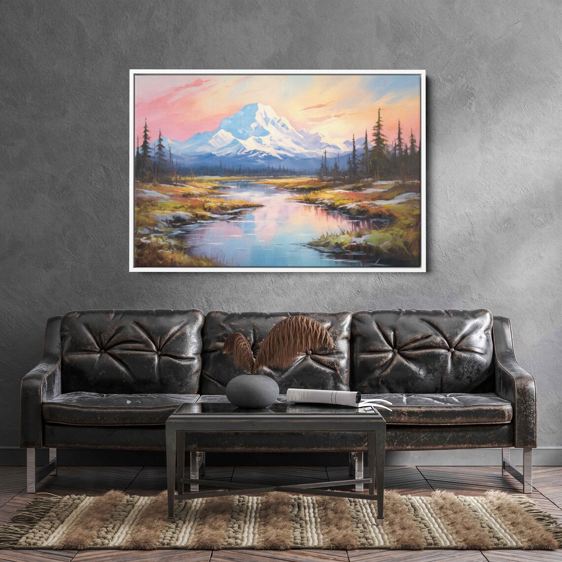 Lone Snowy Peak Sunset Pink Sky River Reflection Landscape Painting Poster - Image 2
