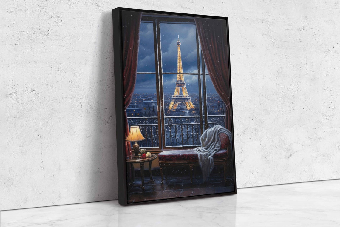 Golden Eiffel Tower Night French Windows Snowy Evening Cozy Poster - Image 4