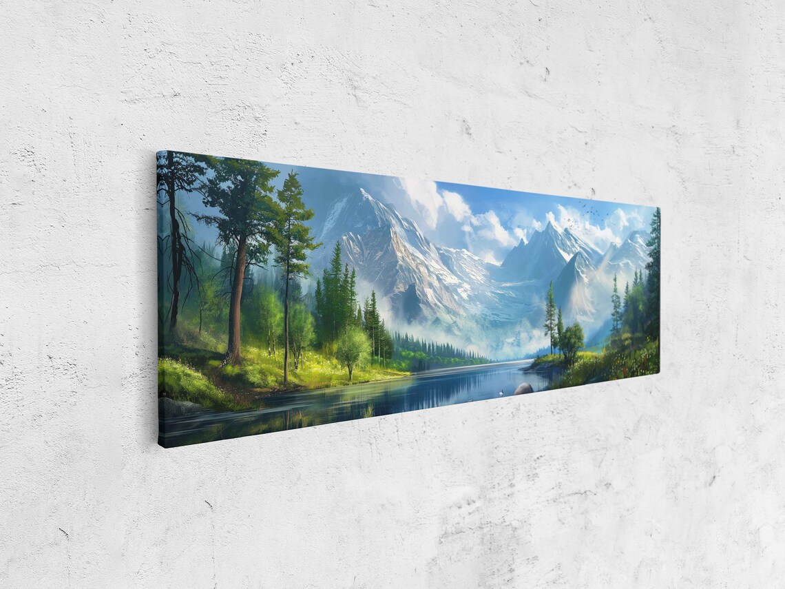 Alpine Snow Peak Lake View Tall Pines Birds Panoramic Mountain Art Poster - Image 4
