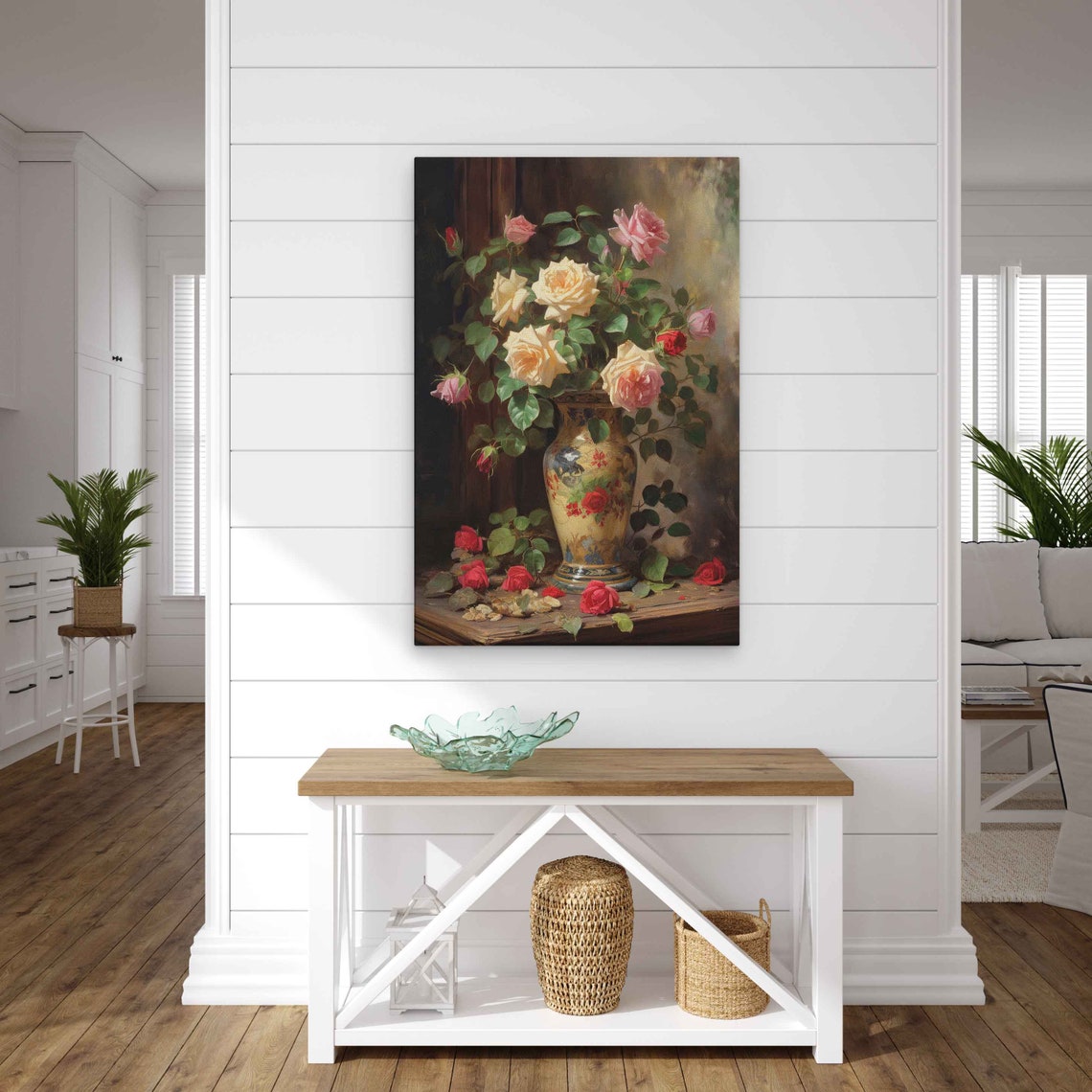 Classic Roses In Patterned Vase Still Life Oil Painting Poster - Image 2