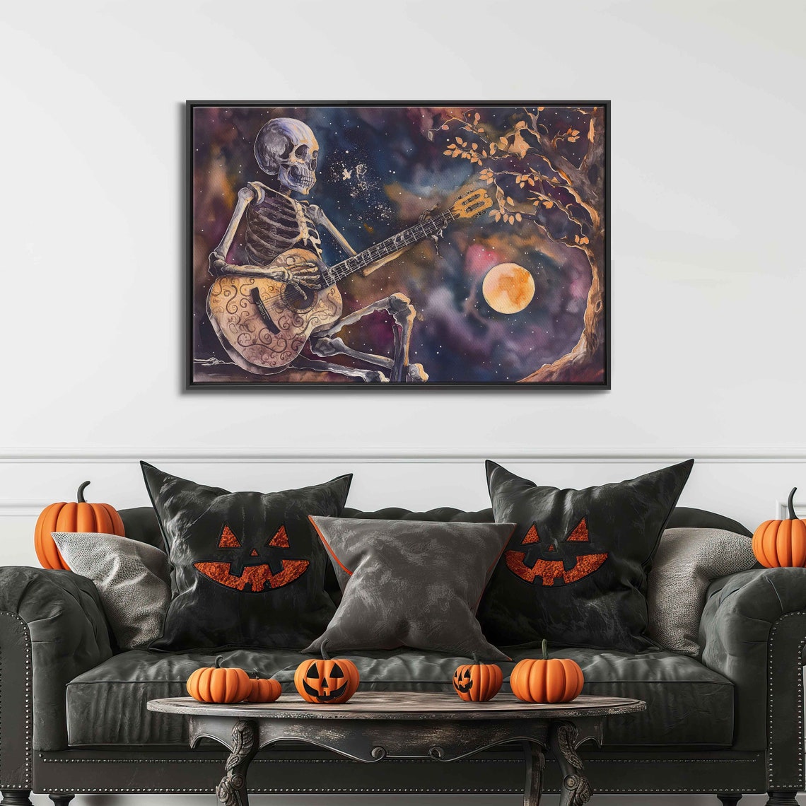 Skeleton Playing Acoustic Guitar Starry Night Full Moon Poster - Image 3