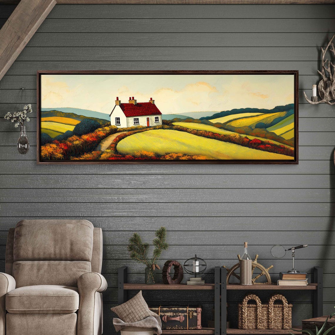 White Cottage With Red Roof Amid Rolling Autumn Gold Hills Poster