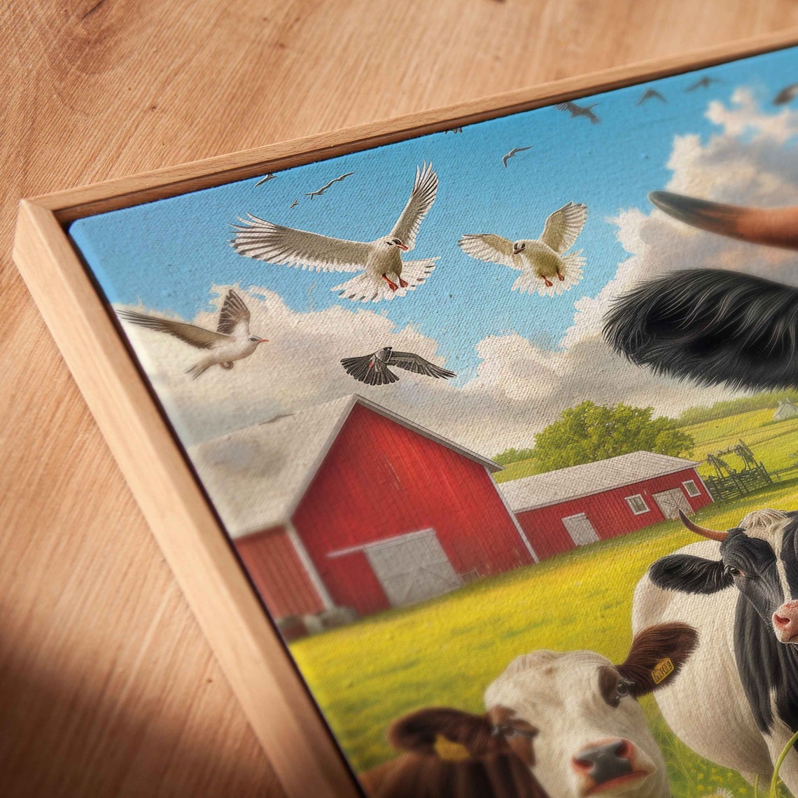 Curious Cow Herd Daisy Meadow Red Barns Summer Day Painting Poster - Image 2