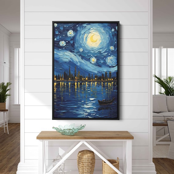 Van Gogh Starry Night Over Harbor Crescent Moon Boat Painting Art Poster