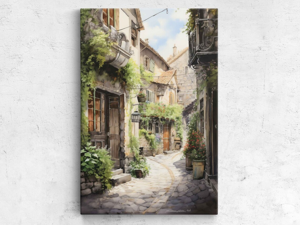 Italy Old Town Alley Cobblestone Street Flowers Sunny Wall Art