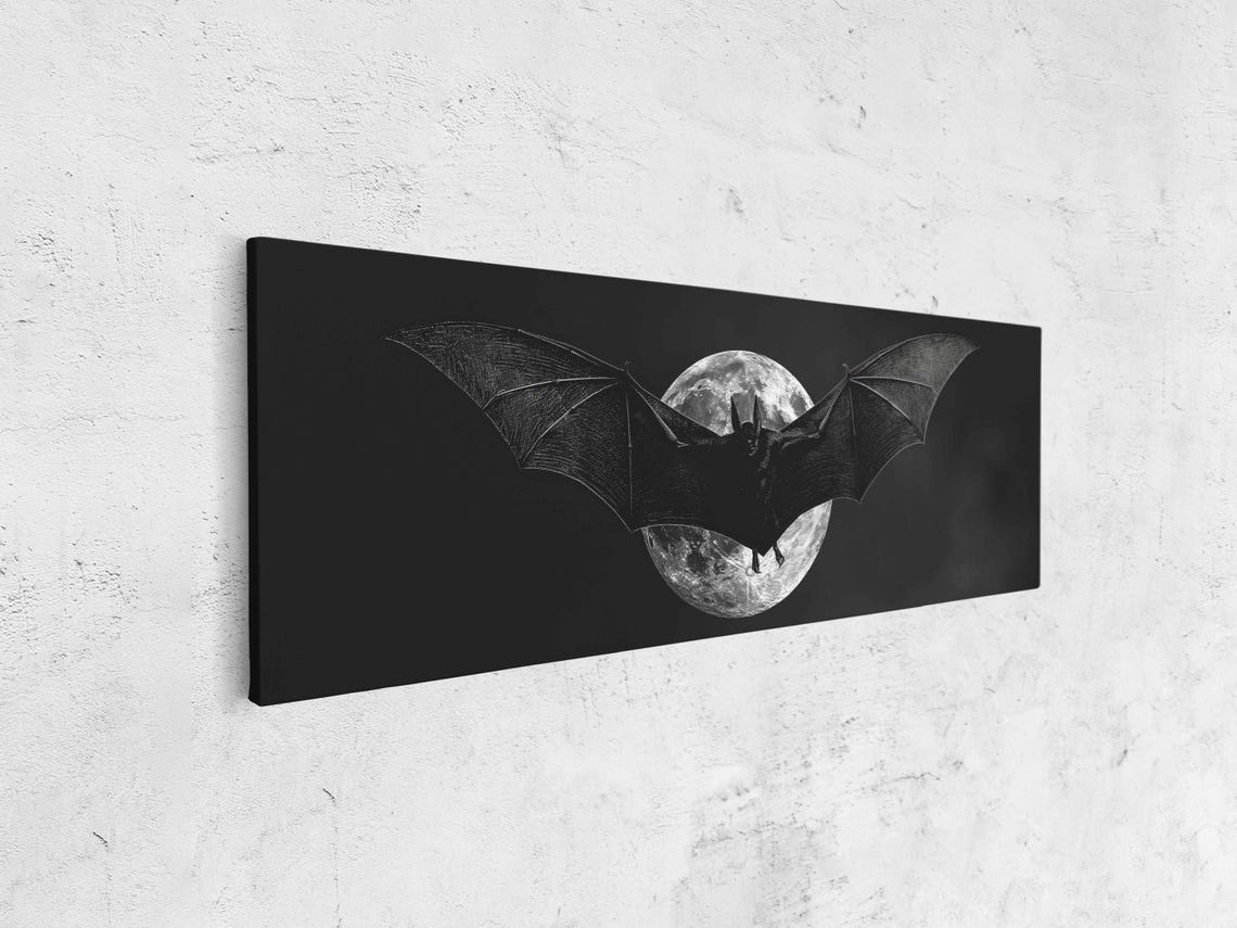 Black Bat Flying Over Full Moon Night Sky Halloween Art Print Poster - Image 4