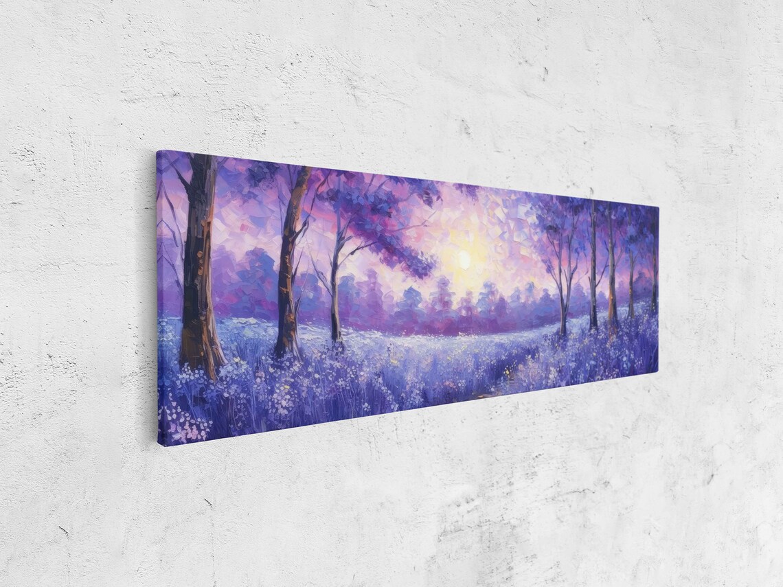 Purple Wildflower Meadow Sunrise Through Trees Impasto Painting Art Poster - Image 4