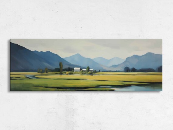 Panoramic Landscape Watercolor Field Wall Art Print Rural Farm Mountain Line Ready To Hang