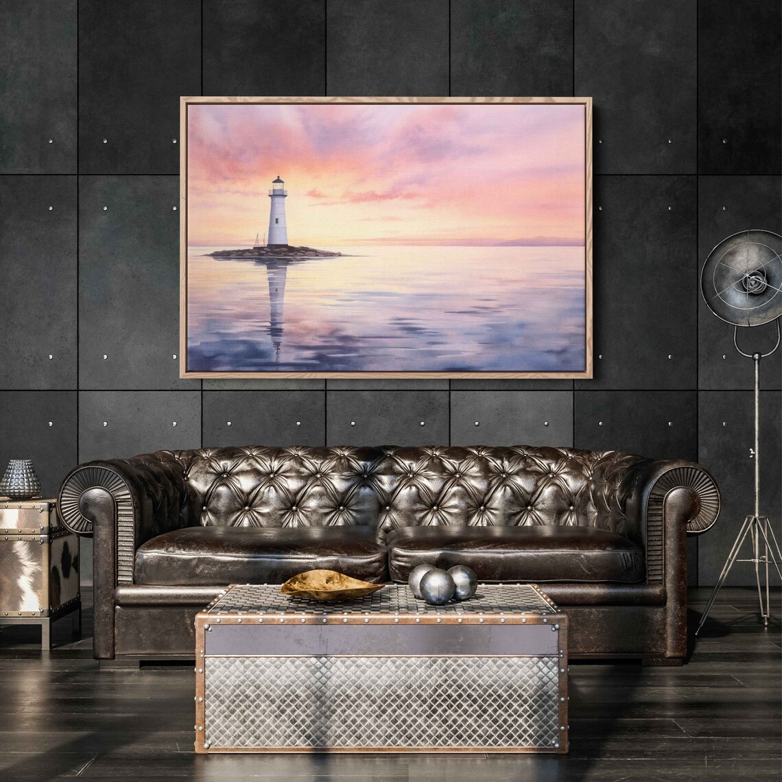 White Lighthouse On Rocky Island Calm Sea Pink Sunrise Watercolor Poster - Image 3